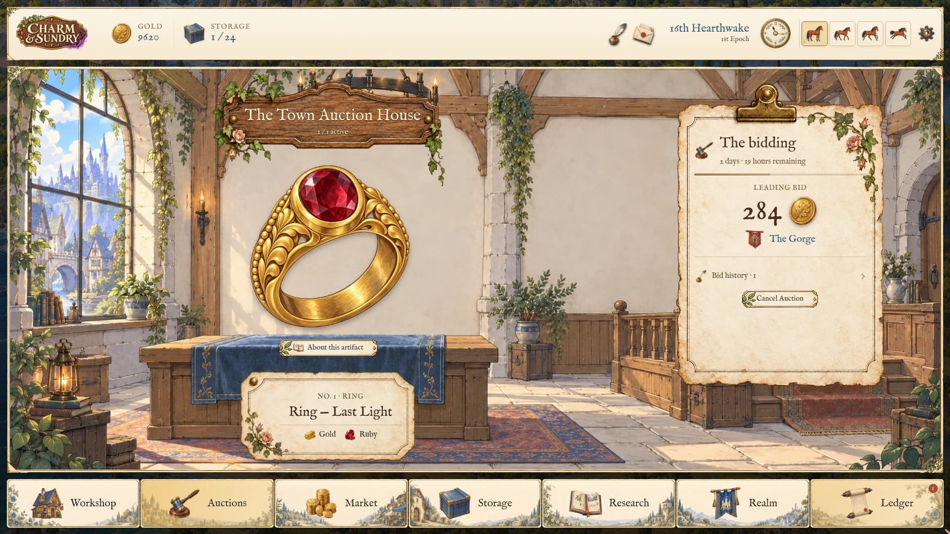 The illustrated Town Auction House displays Ring — Last Light, made from Gold and Ruby, with a leading bid of 284 gold from The Gorge.