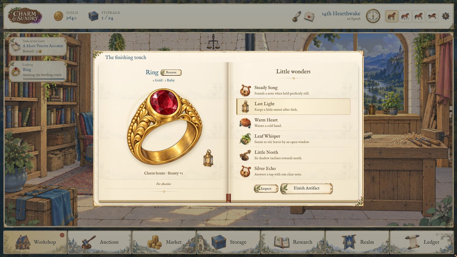 The finishing book shows a gold-and-ruby ring with Last Light selected from six little wonders, a Beauty bonus, and controls to rename or finish the artifact.