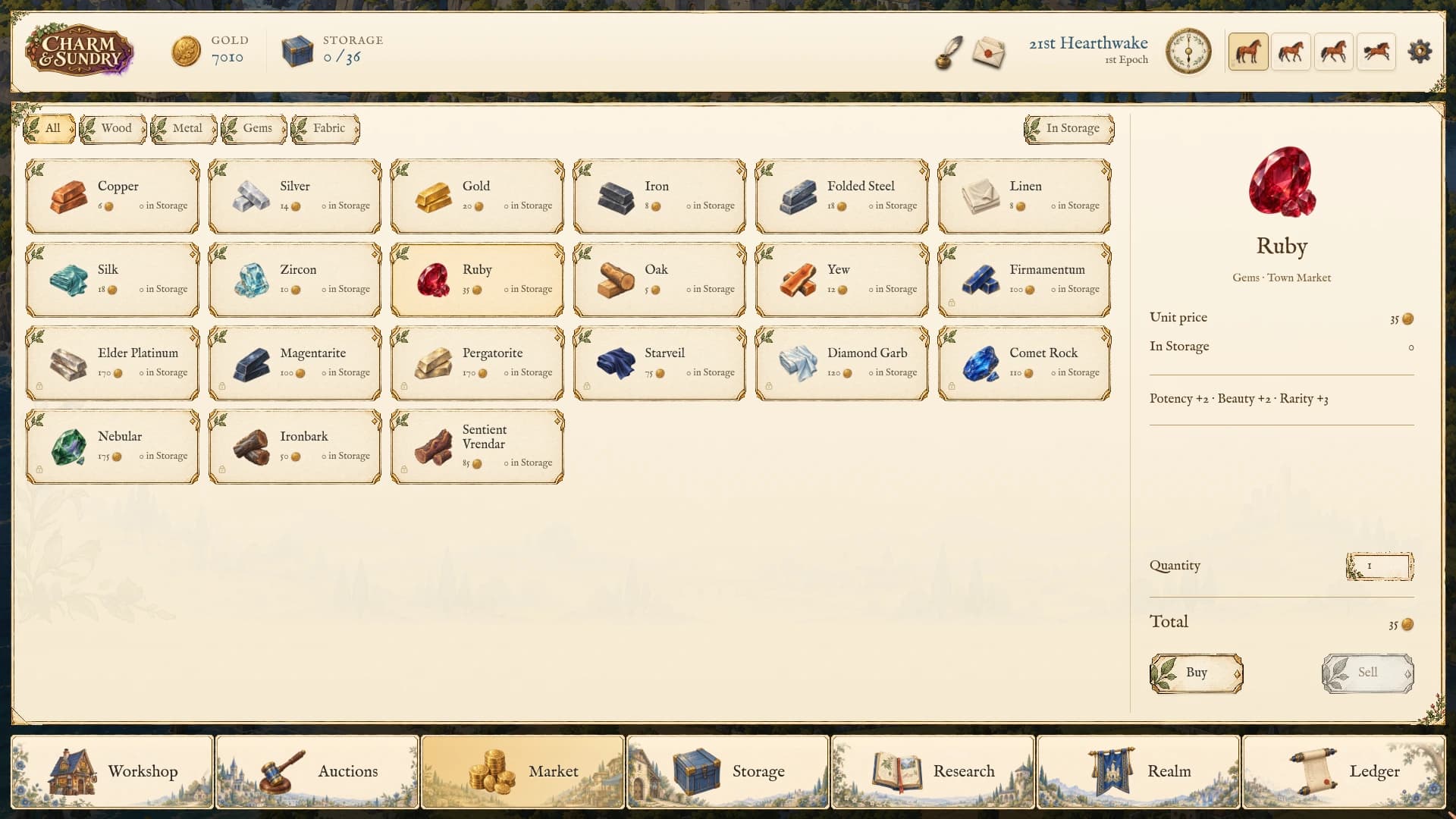 The illustrated materials market with Ruby selected, its attributes and price, a quantity control, and a Buy button beside the researched supplies.