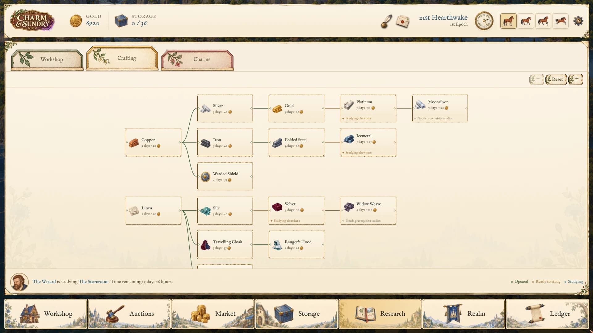 The Crafting research tree on parchment, showing metal and fabric studies, Warded Shield, Travelling Cloak and Ranger’s Hood, while the Wizard studies The Storeroom.