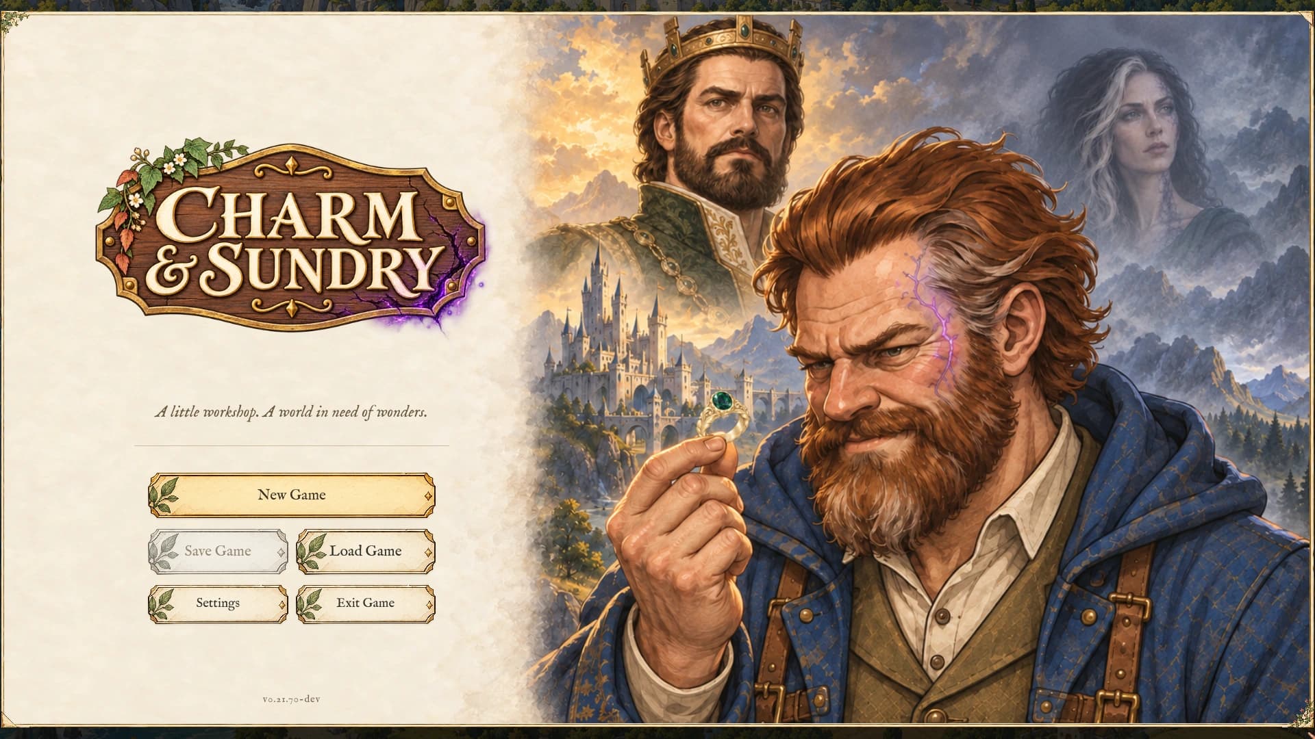 Charm & Sundry’s current title screen: the floral wooden sign and parchment menu beside the Wizard studying a green-set ring, with King Pollux, the palace and a faint Ivendall behind him.