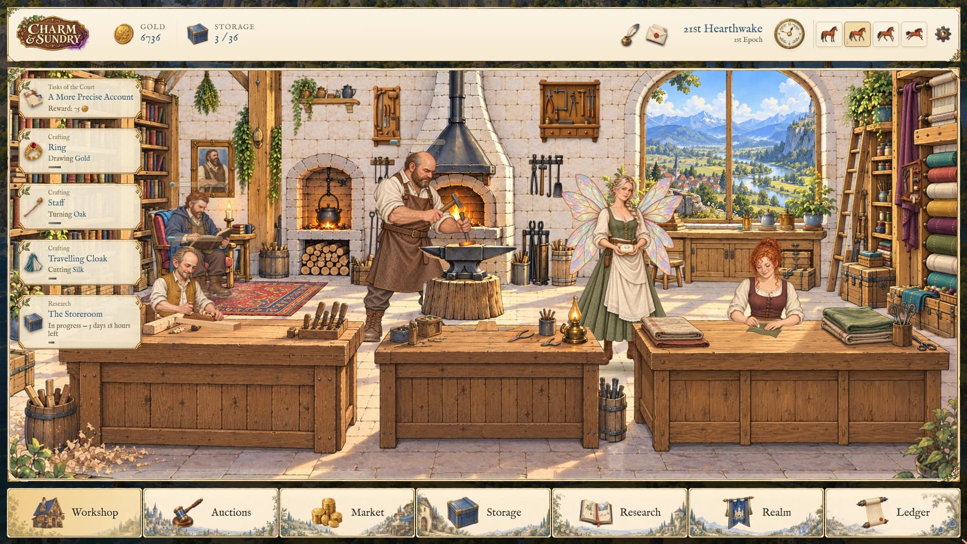 The painted, expanded workshop with all five characters, three artifacts being crafted, and the Wizard researching The Storeroom beside a window overlooking Obriva.