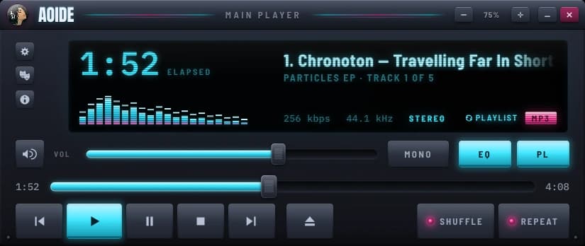 The Aoide music player with its cyan spectrum visualiser, track information, equaliser controls and familiar playback buttons.